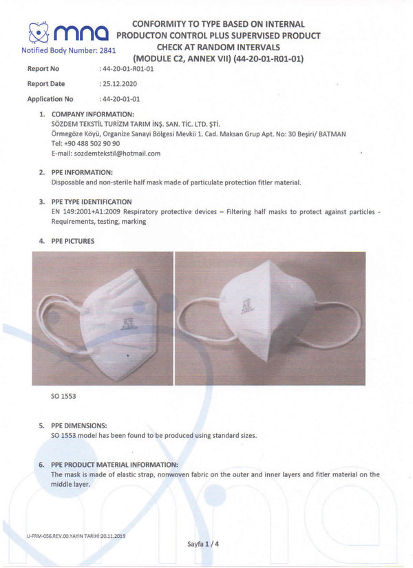 FFP 2-Maske CE 2841/ VE 50 Stück / ab 0,58 € pro Stück / siehe Staffelpreise