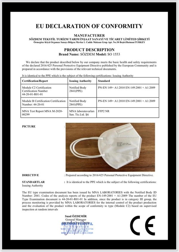 FFP 2-Maske CE 2841/ VE 50 Stück / ab 0,58 € pro Stück / siehe Staffelpreise