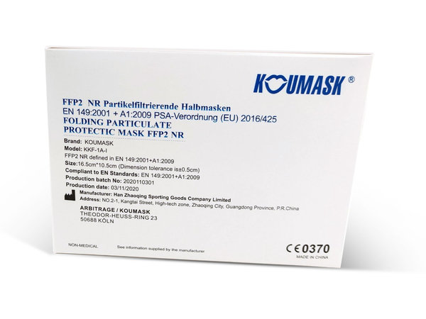 FFP2 Maske "Koumask" Hell Blau Einzeln Verpackt CE-Kennzeichnung CE 0370 EN 149:2001 + A1:2009 KKF-1